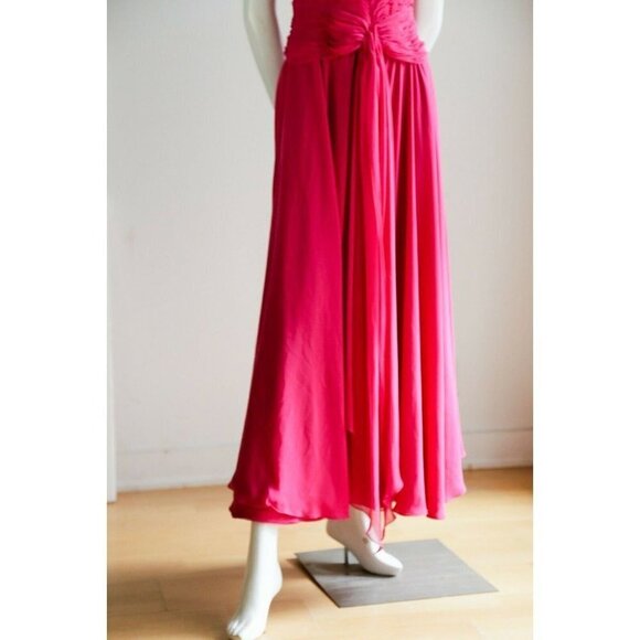 Vintage Pink  Gathered Ruched Bodice Off The Shoulder Chiffon Gown w rhinestones - Picture 4 of 12